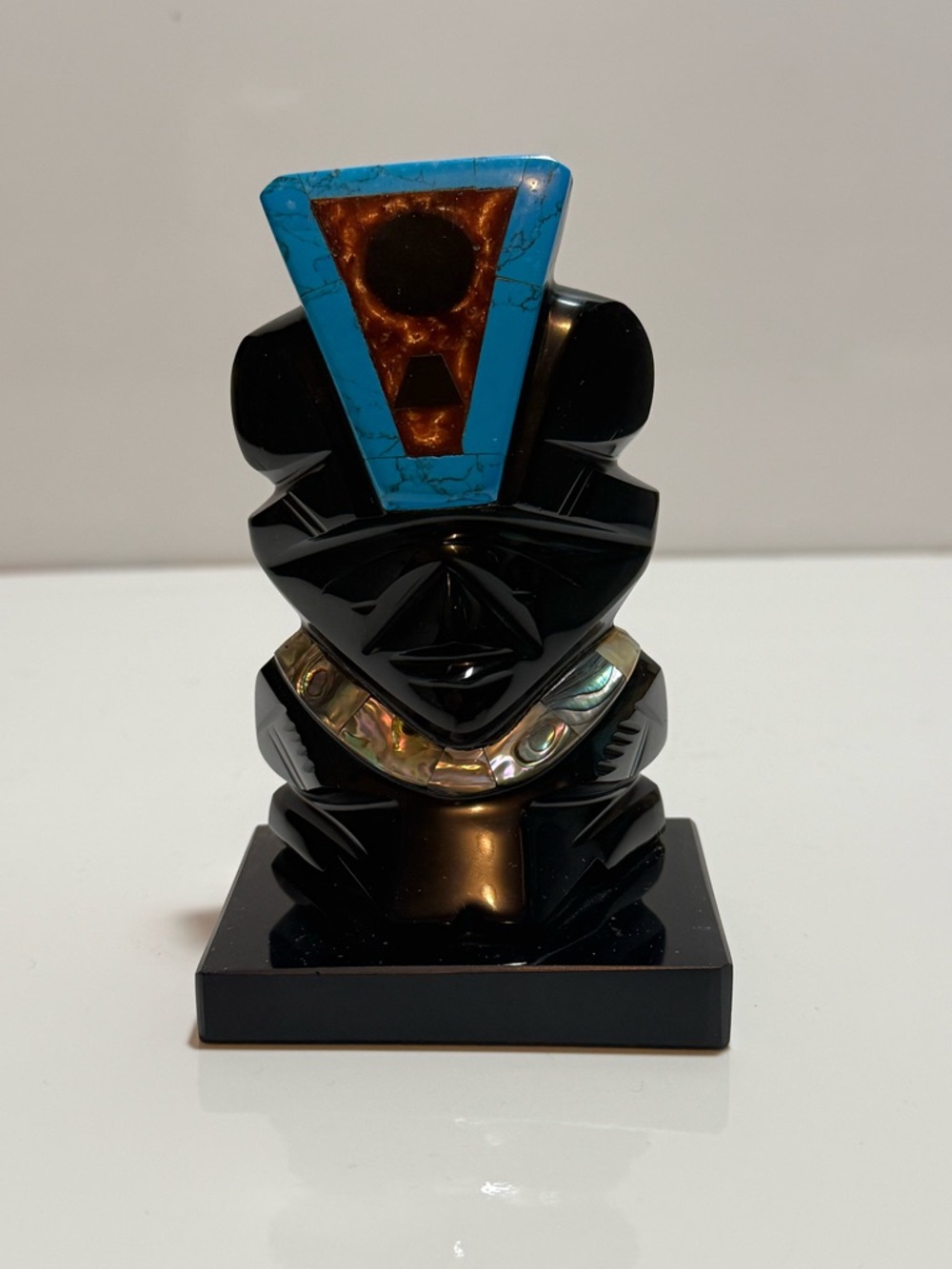 Black obsidian volcanic glass Hand Carved Aztec chief vintage totem Gemstone